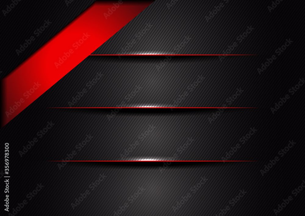 Abstract 3D black and gray gradient layer and shadow with border red and diagonal lines with copy space for text.