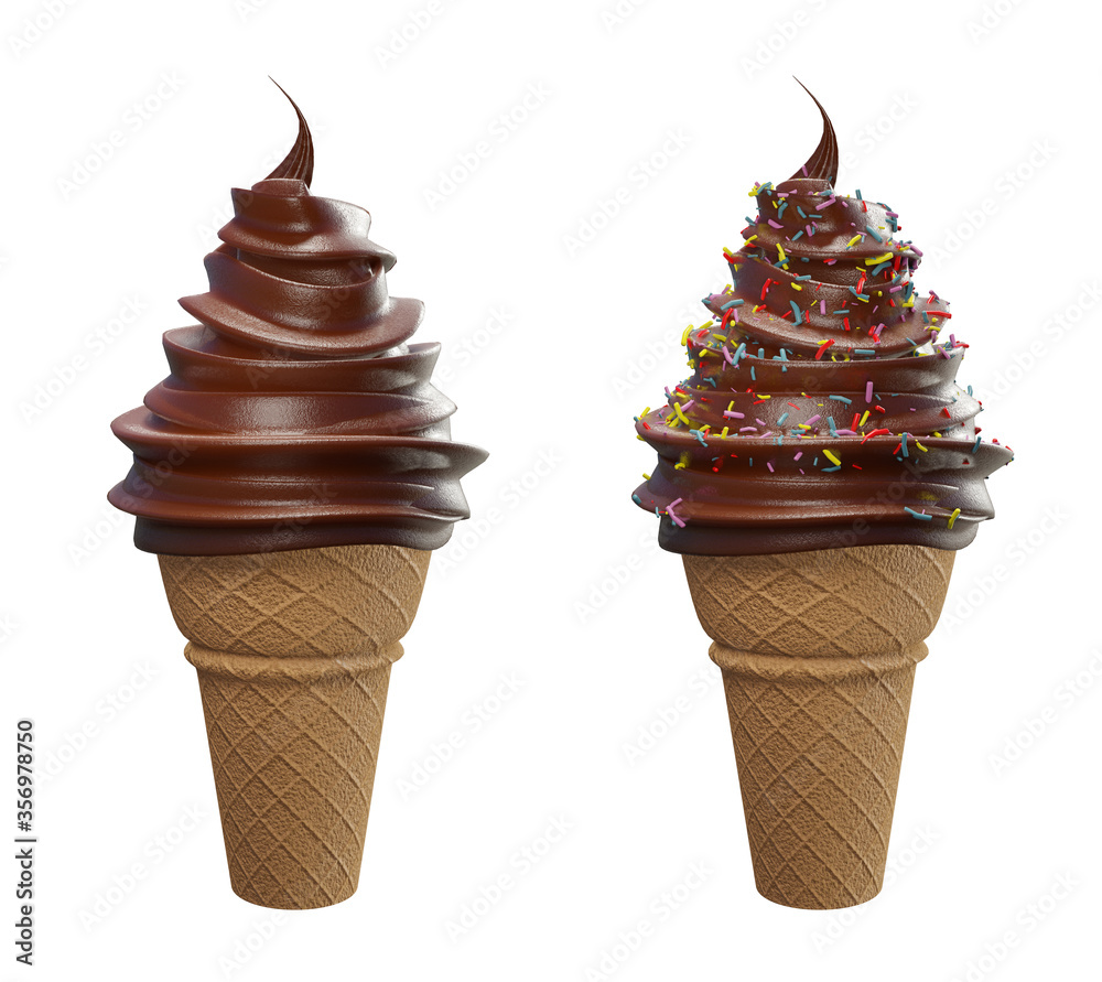 Set of collection soft serve ice cream of chocolate ice cream covered with colorful sprinkles on