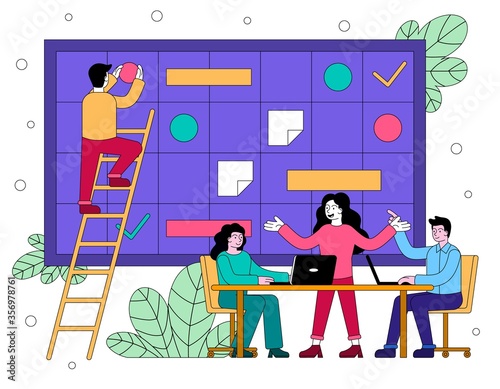 Business team developing a plan or strategy together in a brainstorming meeting with information board in the background, colored vector illustration