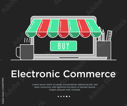E-commerce, pay online and online shopping concept. Open laptop withmarket  tent roof. Concept with place for text. Vector illustration.