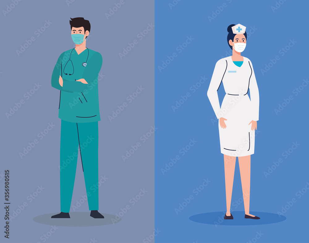 female and male nurse and doctor with uniforms and masks design of Coronavirus 2019 nCov workers theme Vector illustration