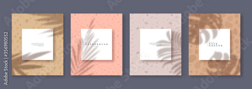 Tropical leaf template set of beautiful summer palm tree shadow on modern minimalist marble wall with empty copy space. Beauty product or fashion project presentation cards.