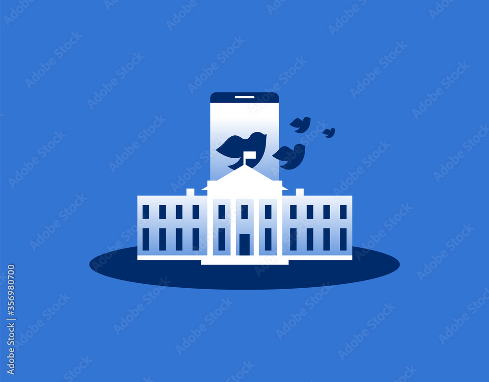 United states government building with internet network app on phone for presidential social media campaign concept.