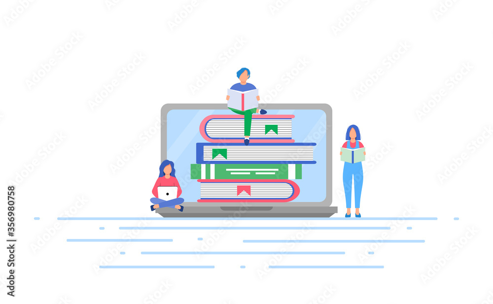 Online library concept with little people reading books. E-learning, online learning at home. The concept of distance education. Vector illustration on a white isolated background. Online library concept with little people reading books. E-learning, online learning at home. The concept of distance education. Vector illustration on a white isolated background.