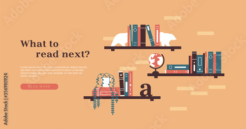 Book reading illustration template for landing page background. Modern minimalist books shelf collection with home interior decoration, leisure literature or textbook education concept.