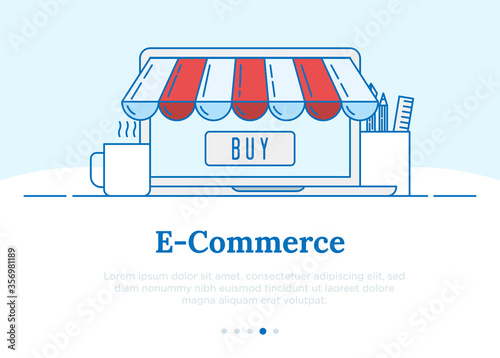 E-commerce, pay online and online shopping concept. Open laptop withmarket  tent roof. Concept with place for text. Vector illustration.
