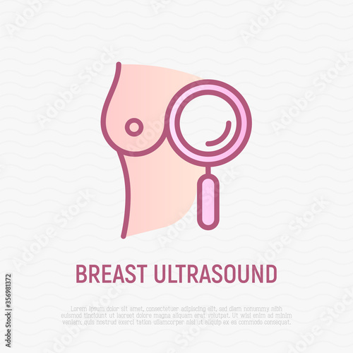 Mammography, breast ultrasound thin line icon. Medical examination. Breast with magnifier. Modern vector illustration.