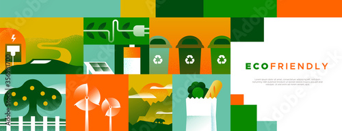 Eco friendly landing page template for environment campaign background or nature presentation with copy space. Modern flat mosaic set includes green energy, electric car, wildlife park and more. 