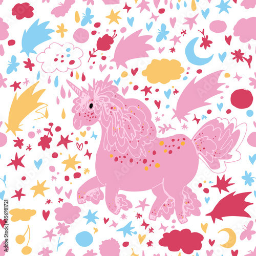 Hand drawn vector tile pattern of cute unicorn surrounded by stars, moon, clouds, flower, butterfly, sweets. Isolated on white. Simple sweet kids nursery illustration. Graphic design for apparel.