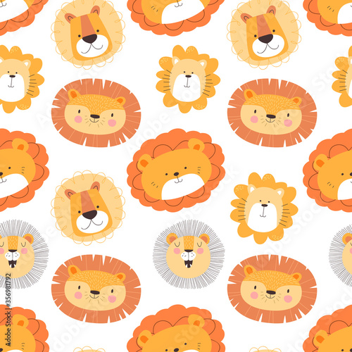 Cute lion animal seamless pattern in adorable hand drawn cartoon style for children decoration or wild animals concept. Funny king of the jungle lions background.