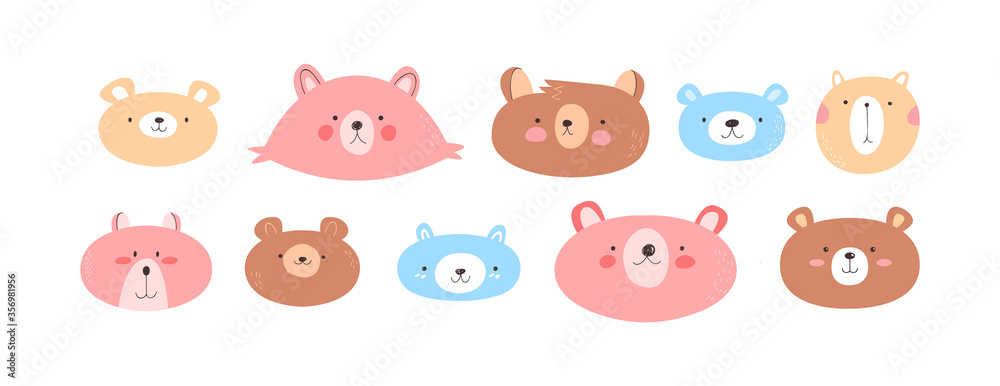 Cute little bears animal illustration set on isolated white background. Hand drawn happy bear face collection for baby or kids design.