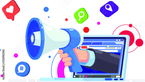 Aggressive marketing illustration. Flat vector Loudspeaker Megaphone from Laptop with social media icons.