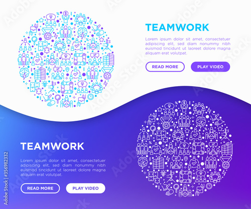 Teamwork concept in circle with thin line icons: relay race, brainstorm, success, meeting, idea share, collaboration, joint project, unity, support, delegation, bonus. Modern vector illustration.