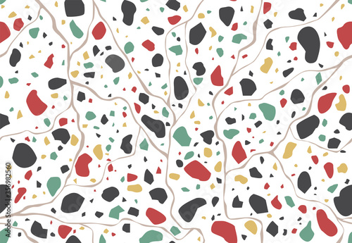 Terrazzo flooring seamless pattern with colorful marble rocks. Classic interior material background of color mosaic stone.