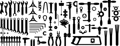 Bicycle tools for the workshop. Silhouettes, seamless background