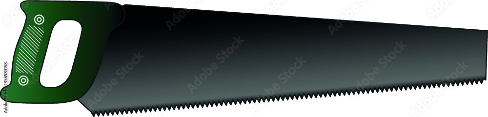 Saw for sawing wood by one person. Tool for sawing wooden boards, plywood. Hand saw with a green handle, isolated, on a white background. Vector image.