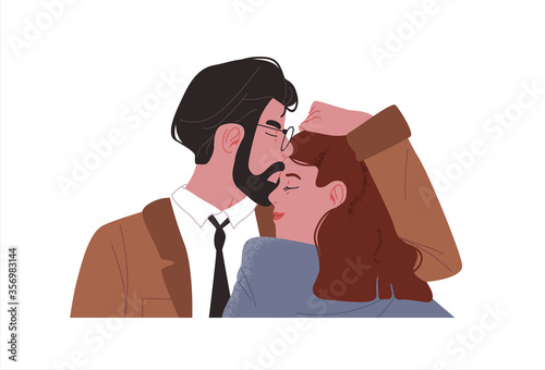 Young adult couple kissing, flat cartoon characters of man and woman kiss on isolated white background.