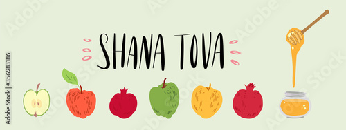 Hand drawn vector illustration for Rosh Hashana Jewish new year holiday. Apples, pomegranate and honey. Brush lettering phrase Shana Tova Happy new year in Hebew