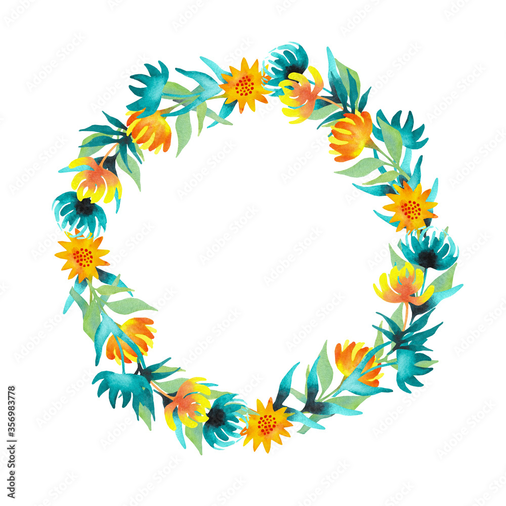 Wreath of yellow and turquoise flowers watercolor Wreath of yellow and turquoise flowers watercolor