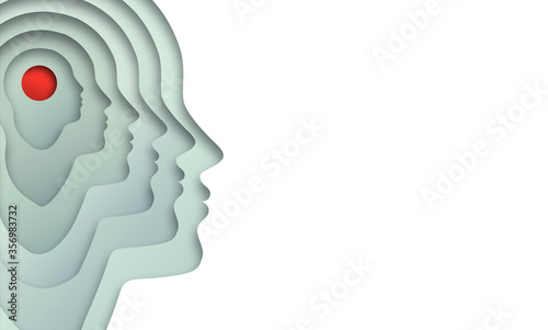 Realistic paper cut human head in white color with red circle cutout for headache concept, migraine or neurological issue.