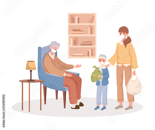 Delivery of food to old woman. Children in protective face masks came to grandmother during coronavirus outbreak vector flat cartoon illustration. Volunteers taking care of senior people at risk.