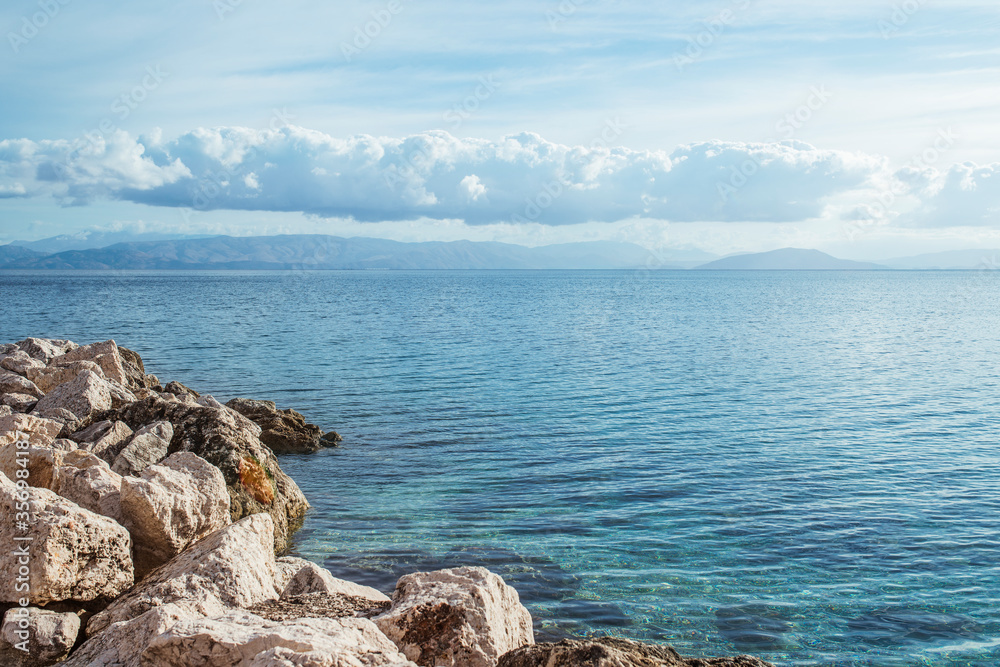 Rocky beach on Corfu island, Greece.