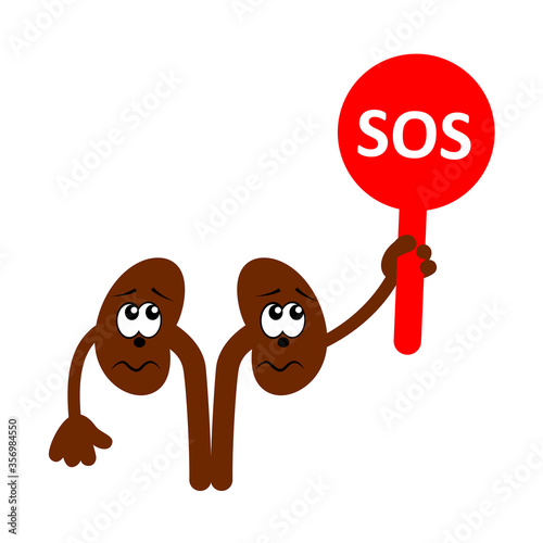 Cartoon character of sad and unhappy liver holding plate with word SOS. Liver diseases. Vector icon isolated on white.