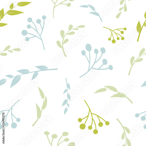 Floral vector seamless pattern. Blue and green leaves on white background. Abstract floral pattern. Vector illustration. Simple design for fabric, wallpaper, scrapbooking, textile, wrapping paper