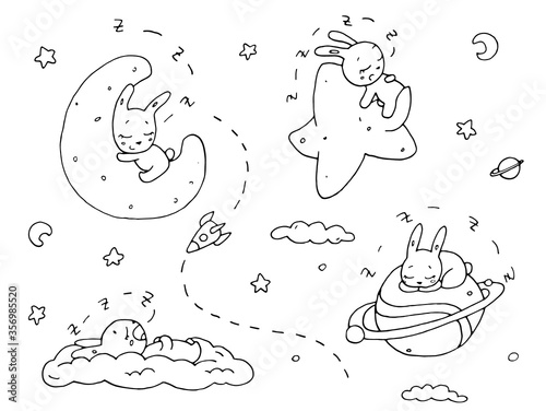 Set of cute rabbits and sky objects, vector coloring page