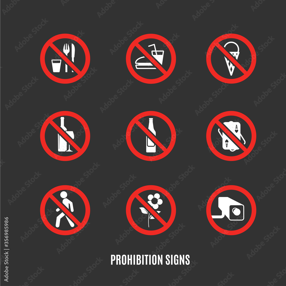 Phohibited sign icons set, Stop icons set, Sign Phohibited foods, Sign Phohibited beverage, No gambling icon, Vector flat style cartoon illustration isolated on black background Phohibited sign icons set, Stop icons set, Sign Phohibited foods, Sign Phohibited beverage, No gambling icon, Vector flat style cartoon illustration isolated on black background