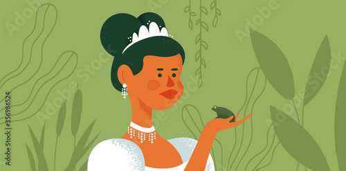 Beautiful princess woman holding frog in hand with disgust. Funny fairy tale concept of love or romantic relationship rejection in modern flat cartoon style.