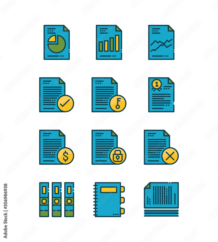 Paper and document icons set. Filled outline icons design. vector Paper and document icons set. Filled outline icons design. vector