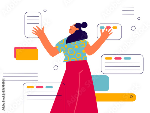 Office worker sorts and moves files. Modern concept of file management system, online document storage service, archive, paperwork organization. Flat cartoon vector illustration.