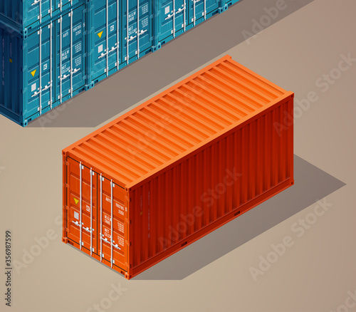 3D Isometric shipping cargo 20 ft container with closed doors. Large metal containers for transportation. Delivery of cargo shipping. illustration