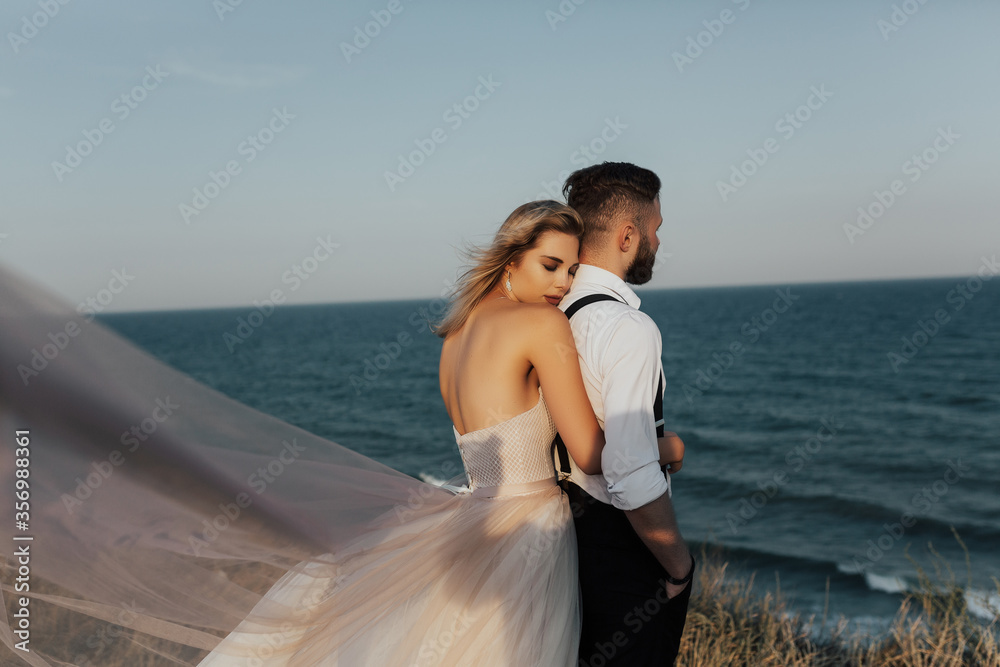 Bride hugging her groom behind near the sea. Wedding walk. Just married wedding couple in their wedding day. Romantic portrait of attractive couple in love. Copy space.