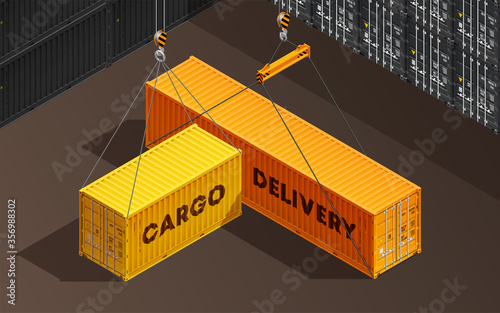 3D Isometric shipping cargo 20 and 40 ft container with closed doors. Large metal 40 foot containers for transportation. Delivery of cargo shipping. illustration