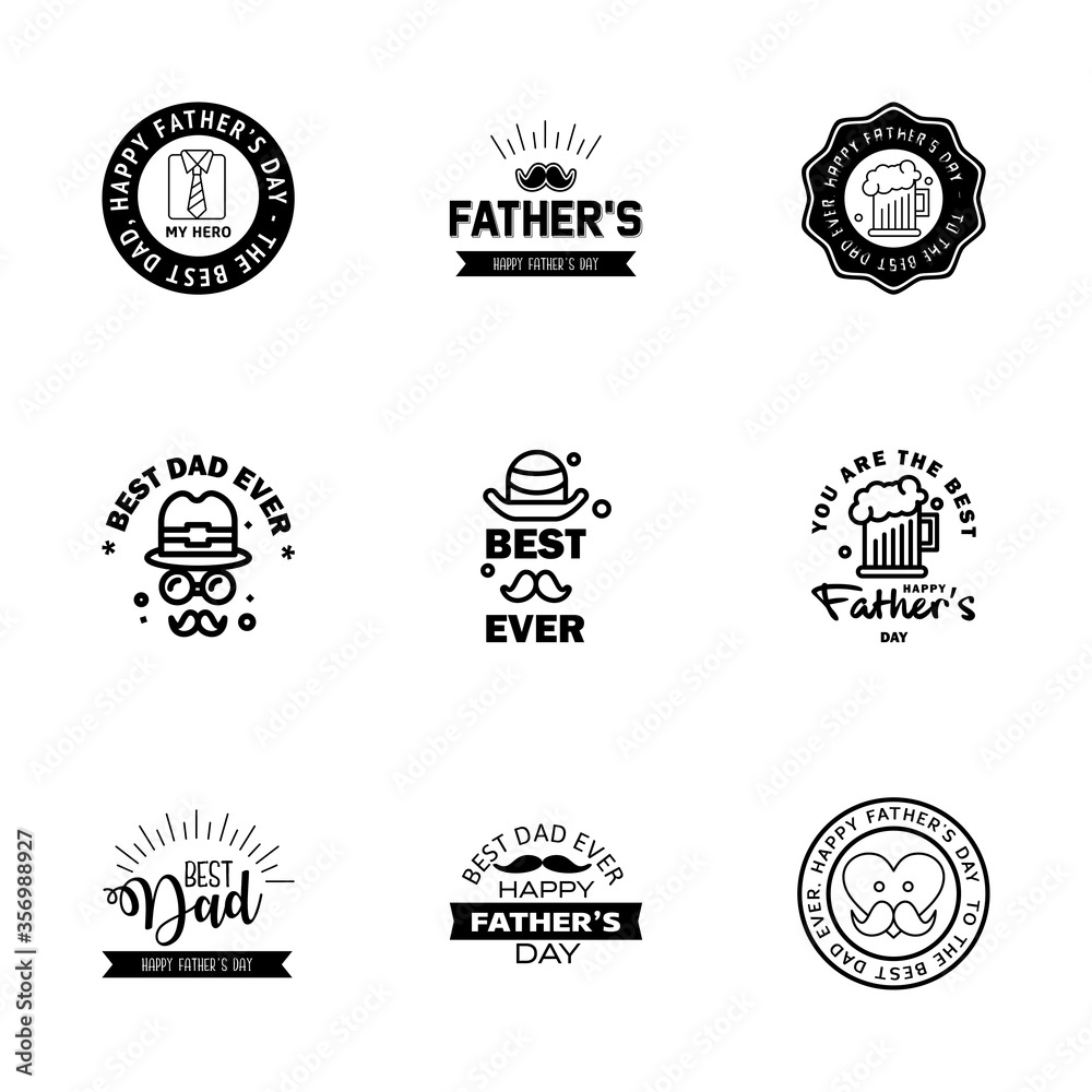 Fototapeta Happy Fathers Day Calligraphy greeting card 9 Black Typography Collection. Vector illustration.