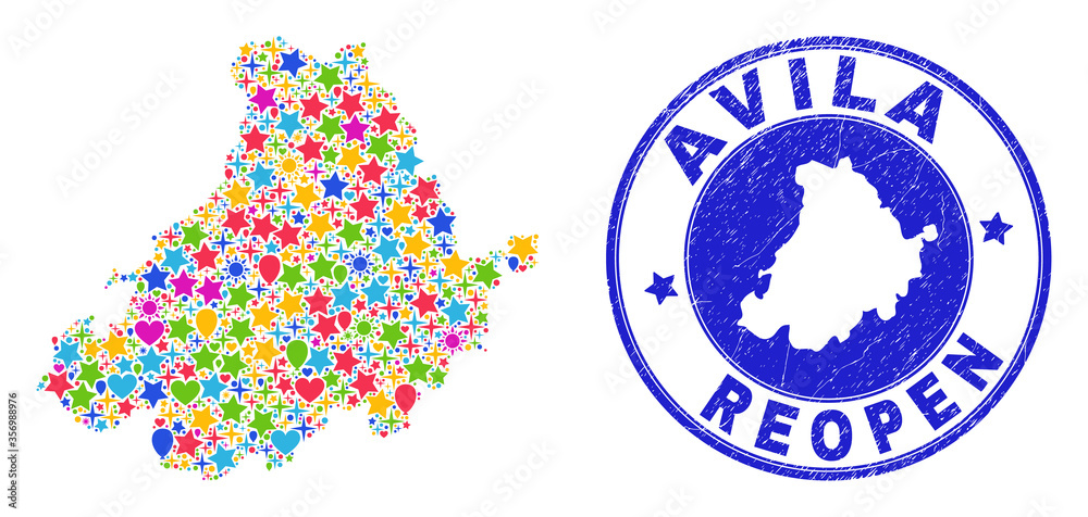 Celebrating Avila Province map mosaic and reopening scratched seal. Vector mosaic Avila Province map is constructed of scattered stars, hearts, balloons.