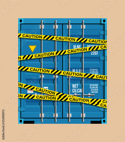 Flat side door view shipping cargo 20 foot container delivery yellow police tape enclosing. Large metal 20 ft containers for transportation. 3d illustration