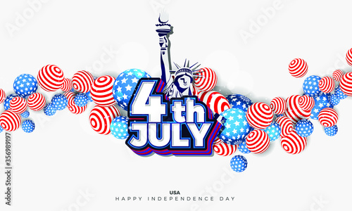 4th of July USA Independence Day Vector Background With liberty of statue and American Theme Balls for banner, poster, advertisement, promotion, brochure, discount, sale