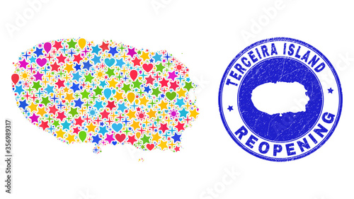 Celebrating Terceira Island map collage and reopening corroded seal. Vector collage Terceira Island map is designed with randomized stars, hearts, balloons.