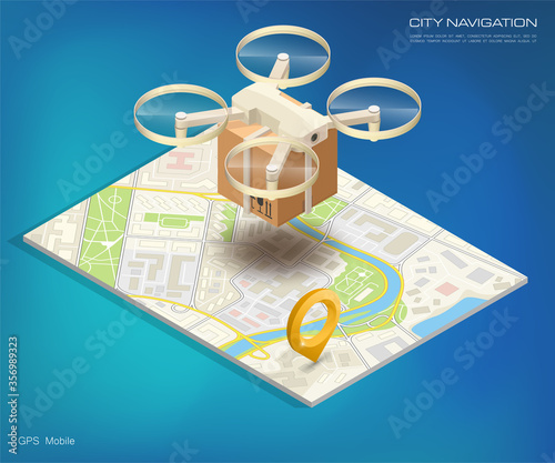 Drone delivery above the flat map concept 3d illustration. Quadcopter flying over a map and carrying a package to customer. 3d isometric icon