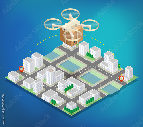 Drone delivery above the flat city concept illustration. Quadcopter flying over a town and carrying a package to customer. 3d isometric icon