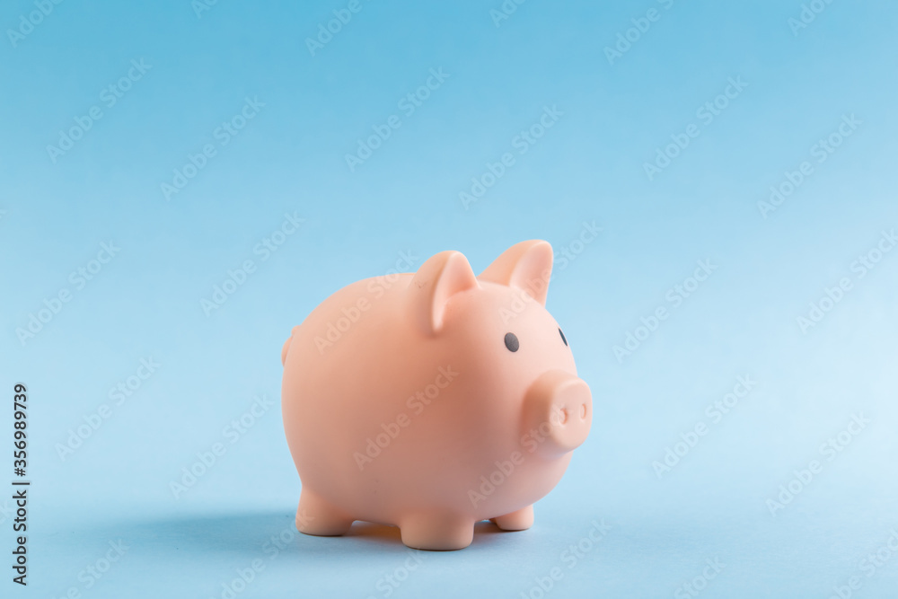 pink piggy bank on blue background.  The concept of saving money or savings, investment