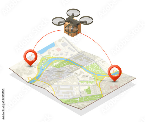 Drone delivery above the map concept 3d illustration. Quadcopter flying over a map and carrying a package to customer. 3d isometric icon