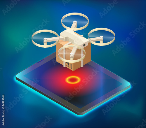 Drone delivery box above screen tablet. Quadcopter carrying package cargo to customer. Autonomous or wireless remoted flying drone. 3d isometric