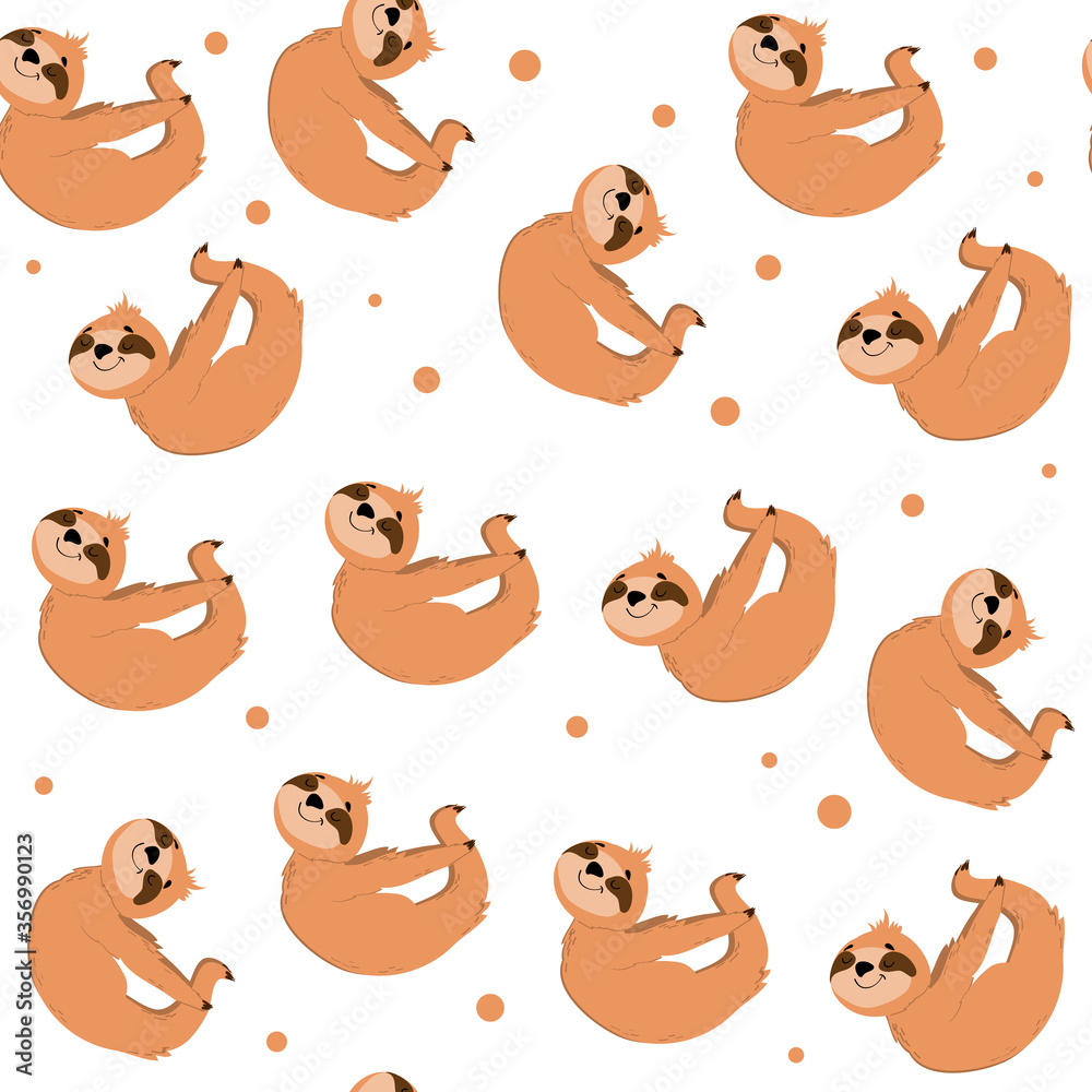 Naklejka premium Funny sloths in yoga pose on a white background seamless pattern
