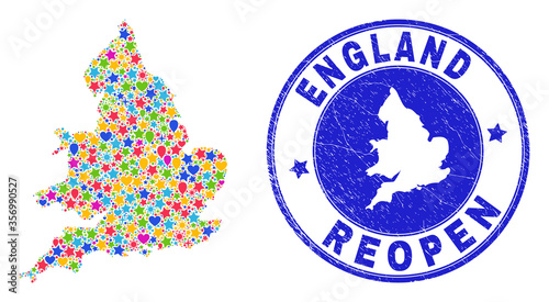 Celebrating England map collage and reopening grunge watermark. Vector collage England map is done of randomized stars, hearts, balloons. Rounded awry blue watermark with unclean rubber texture.