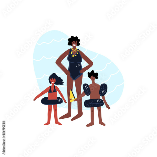 Woman, girl and boy standing in the sea. Flat hand drawn illustration of family.