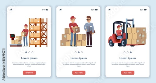 Warehouse for mobile app. Logistic theme transportation and forklift, truck delivery loader with boxes, isolated vector flat template set